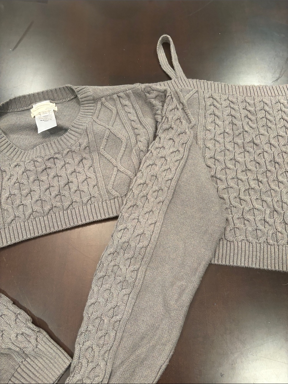 Anthropologie Cropped Cable Knit Crew Sweater in Light Gray